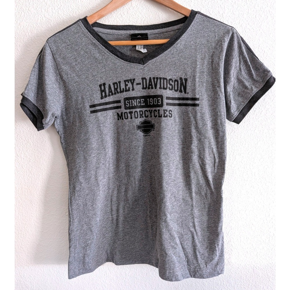 Harley Davidson Women's M Gray Ringer Tee Reiman's Kewanee IL Dealer Shirt